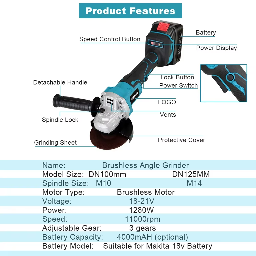 125/100 мм угловая шлифовальна – обзор и цена Brushless Angle Grinder Battery Powered
